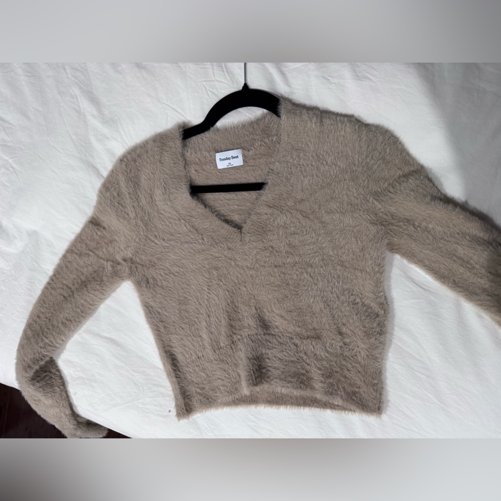 Sunday Best Fuzzy Taupe V-Neck Sweater - Picture 2 of 4
